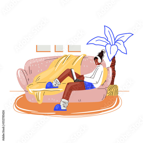 Freelance woman work in comfortable cozy home office vector flat illustration. Freelancer girl character working from home at relaxed pace, self employed concept
