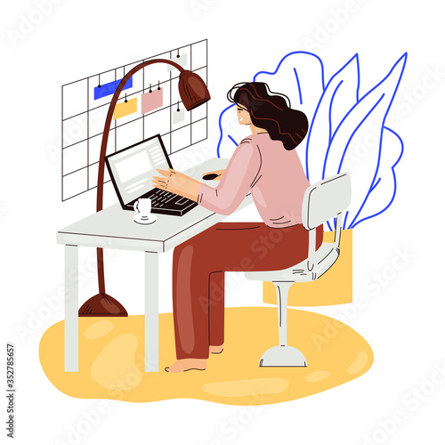 Freelance woman work in comfortable cozy home office vector flat illustration. Freelancer girl character working from home at relaxed pace, self employed concept