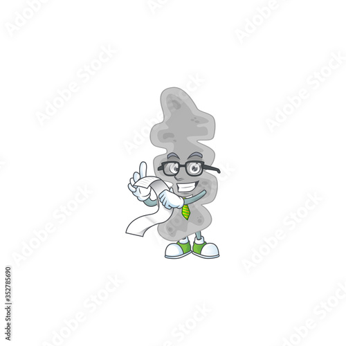 cartoon mascot design of leptospirillum ferriphilum holding a menu list