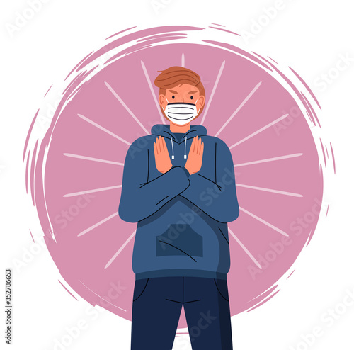 Portrait of vector cartoon character in face medical mask show stop gesture at colorful vector element background. Concept of stop world epidemic. Young man protect from virus with respiratory mask