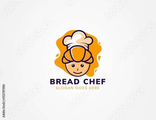 The combination of head kids, bread and hat of chef object. Kids Chef logo design template. 