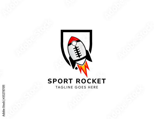 combination of ball of america football, rocket and shield object. rugby rocket logo design template. 