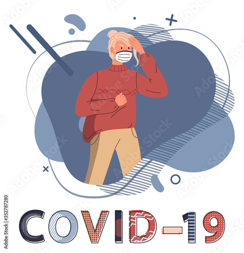 Young blonde woman wearing face medical mask protesting against spreading covid-19. Blue abstract vector elements at the background. Stop world epidemy concept. Cartoon character in flat style