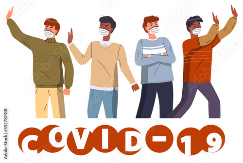 Crowd of multinational guys in face protective medical masks protesting against world epidemy. Group of characters call to stop spreading virus. Concept of covid19. Stop gesture, cartoon characters