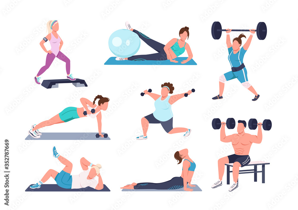 Working out people flat color vector faceless characters set. Different physical exercises isolated cartoon illustrations on white background. Fitness at home. Bodybuilding, yoga and pilates
