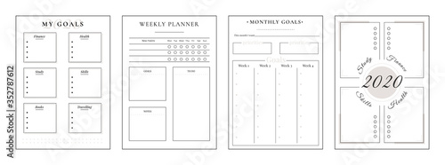 2020 annual goals minimalist planner page set. Spread for finance goal. Life category to write resolution notes. Monthly personal organizer printable sheet layout. Vertical insert for diary