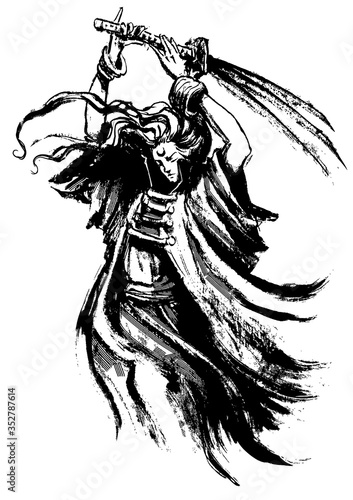 A handsome young Japanese swordsman swings a katana in the air, his kimono and hair flying in the wind. 2D illustration.