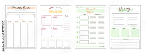 Goals and wishes minimalist planner page set. Monthly priorities. Habit track weekly. Travel and trip plan. Bucket list personal organizer printable sheet layout. Vertical insert for diary
