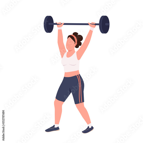 Sportswoman lifting barbell flat color vector faceless character. Amateur weightlifter workout isolated cartoon illustration for web graphic design and animation. Domestic bodybuilding exercise