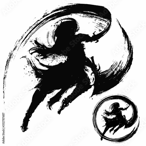 The silhouette of a ninja with two daggers in an epic jump pose, makes a cut with splashes in the air, with an ink trail. 2D illustration.
