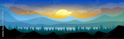 Sunrise in woodland flat color vector illustration. Coniferous forest in early morning. Mountains skyline. Wild nature. Fir trees and hills 2D cartoon landscape with sun and sky on background