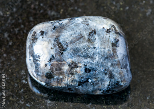 closeup of sample of natural mineral from geological collection - polished Larvikite (norwegian Labradorite) rock on black granite background from Norway photo