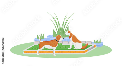 Dogs on lawn flat color vector character. Cute puppy in backyard garden. Domestic animal walk outside. Pet sitting isolated cartoon illustration for web graphic design and animation