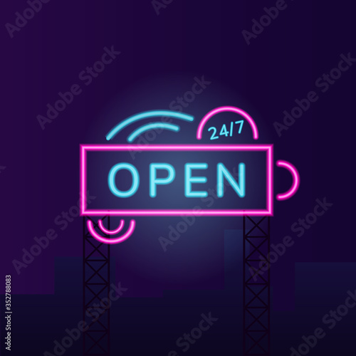 Convenience store vector neon light board sign illustration. Round the clock shop commercial signboard design with typography. Late night shopping. Announcement banner with outer glowing effect
