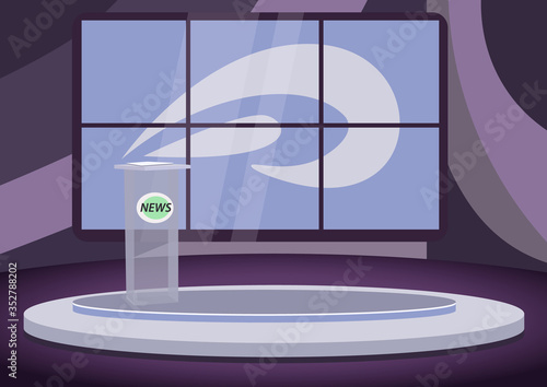 Empty news stage flat color vector illustration. Newscast room, TV studio 2D cartoon interior with screens on background. Professional news presenter workplace. Newsreader tribune on podium