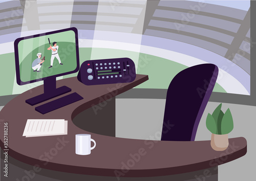Sports commentator workplace flat color vector illustration. Broadcasting room 2D cartoon interior with stadium on background. Empty seat with equipment for baseball match observation