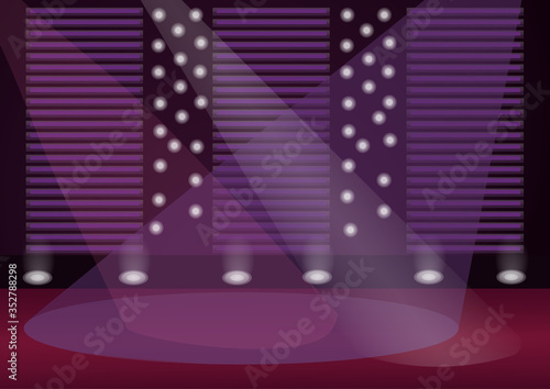 Empty stage flat color vector illustration. Illuminated scene 2D cartoon interior with decorations on background. Entertainment event place. Music concert, celebrity award ceremony stage