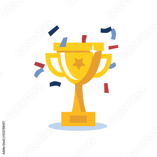Golden winner cup with falling confetti. First place in competition. Flat vector illsutartion.