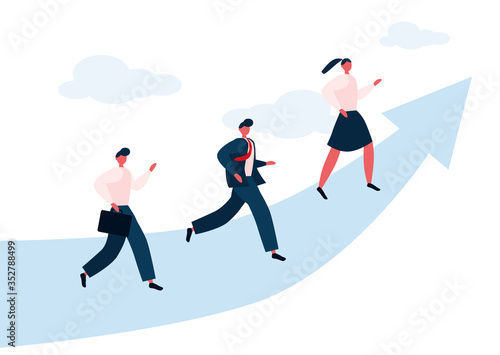 Career run. Workers running fast on the arrow that rises. Employees competeting for leadership. Flat vector illustration isolated on white background.