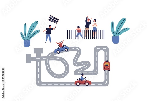 Active children race at karting competition vector flat illustration. Happy girl and boy riding on car enjoying amusement together isolated on white. Joyful family having leisure entertainment