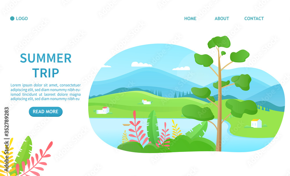 Summer greeting card concept. Suitable for landing page, web design, banner, header, poster and advertising Template of travel and summer vacation outdoor recreation. Light summer colors Vector
