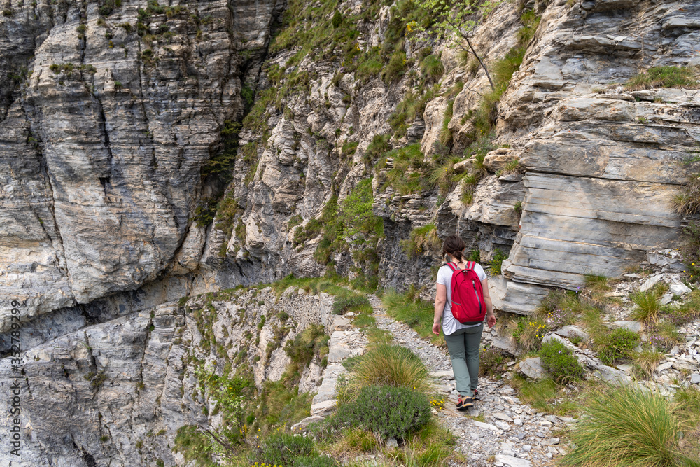Female hiker on mountain pathway, Ligurian Alps, Italy