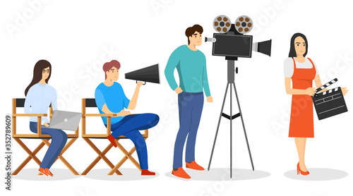 Film production. The director and cameraman make the film. Vector illustration.