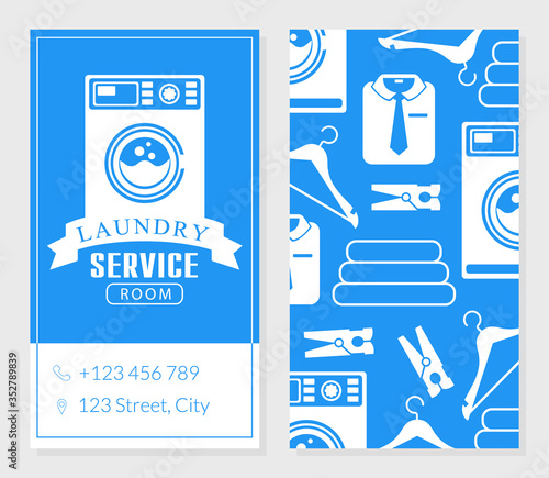 Laundry Service Business Card Template, Two Sides of Invitation Card Vector Illustration