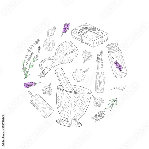 Natural Cosmetics, Lavender Flowers, Perfumes and Cosmetics Ingredients of Round Shape Vector Illustration