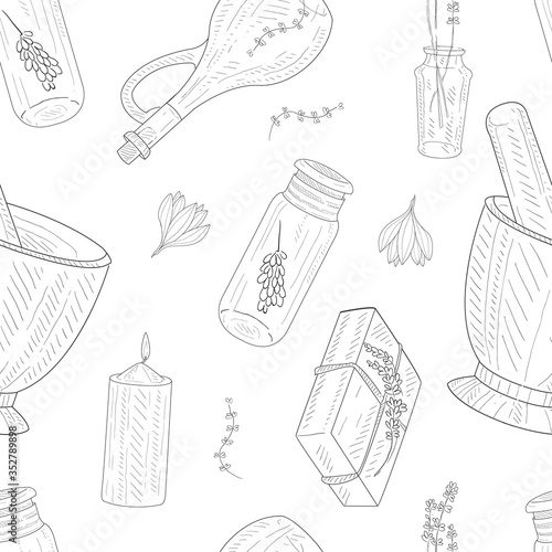 Natural Cosmetics Seamless Pattern, Lavender Flowers, Perfumes and Cosmetics Ingredients, Design Element Can Be Used Fabric, Banner, Wrapping Paper, Website Vector illustration