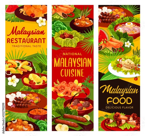 Fototapeta Naklejka Na Ścianę i Meble -  Malaysian cuisine restaurant menu meals banners. Meals with chicken and fish meat, hot curry and noodle soups, stewed vegetables, fruit salads and desserts. Malaysian national food
