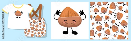 Funny print for baby clothes. Cute pattern with nuts. T-shirt design. Vector illustration. Ready-made textile design kit. Seamless pattern. Hazelnut. Pajamas print. Walnut character