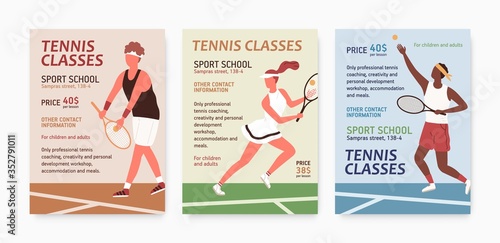 Set of tennis classes poster with place for text vector flat illustration. Collection of different announcement of sport school. Man and woman in sports apparel holding rackets and hitting ball