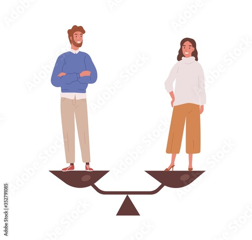 Happy man and woman stand on weighing dishes of balance scale vector flat illustration. Couple demonstrate gender equality, relationship balance, emancipation and partnership isolated on white