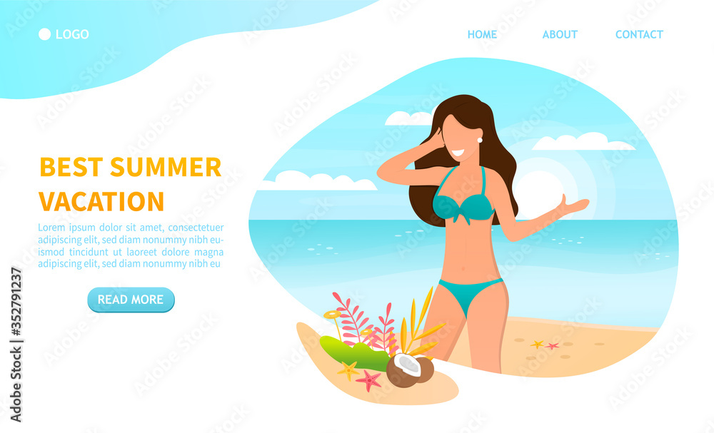Young sexy girl on vacation. Best summer concept. Tropical sea coast. Beautiful woman on the beach. Suitable for landing page, web design, banner, poster and advertising Colorful Vector Illustration Young sexy girl on vacation. Best summer concept. Tropical sea coast. Beautiful woman on the beach. Suitable for landing page, web design, banner, poster and advertising Colorful Vector Illustration