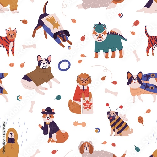 Colorful joyful dog wearing funny costumes seamless pattern. Cute pet of different breed in apparel vector flat illustration. Domestic animals dressed in various clothes on white background