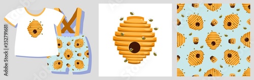 Funny print for baby clothes. Cute pattern with bees and bee hives. T-shirt design. Vector illustration. Ready-made textile design kit. Seamless pattern. forest bees. Animals character. Pajamas print