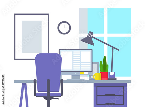 Empty modern office interior. Vector image. Workplace in office with windowю Desk with computer, chair, lamp, books and document papers. Home office