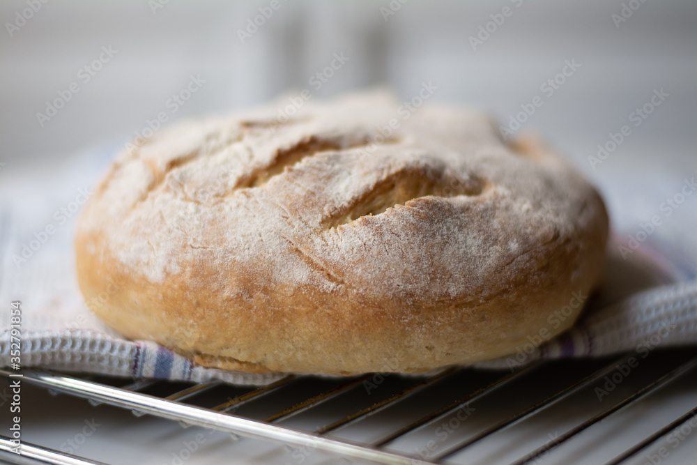Homemade sourdough bread with a leaf pattern scored on. It is on a cooling rack and a kitchen towel Homemade sourdough bread with a leaf pattern scored on. It is on a cooling rack and a kitchen towel