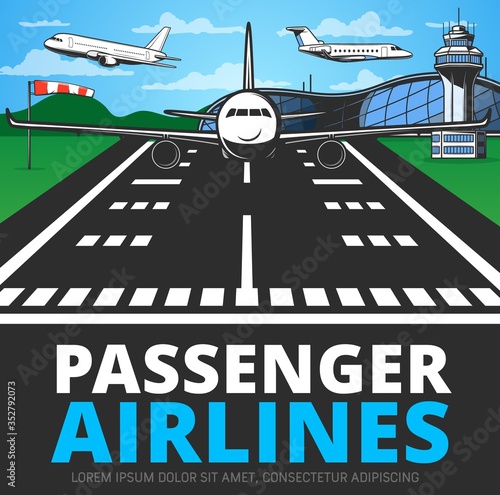 Runway with landing plane vector poster. Airplane alight or take off from airstrip in airport with terminal building, flying aircrafts and control tower. Commercial aviation service, aerodrome hub