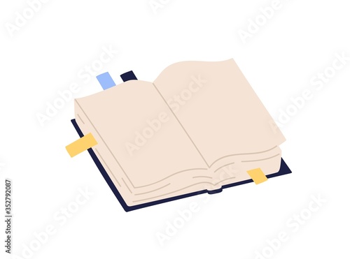 Open paper book with empty pages and colorful bookmarks vector illustration. Colored notebook with stickers isolated on white background. Textbook or organizer in hardcover
