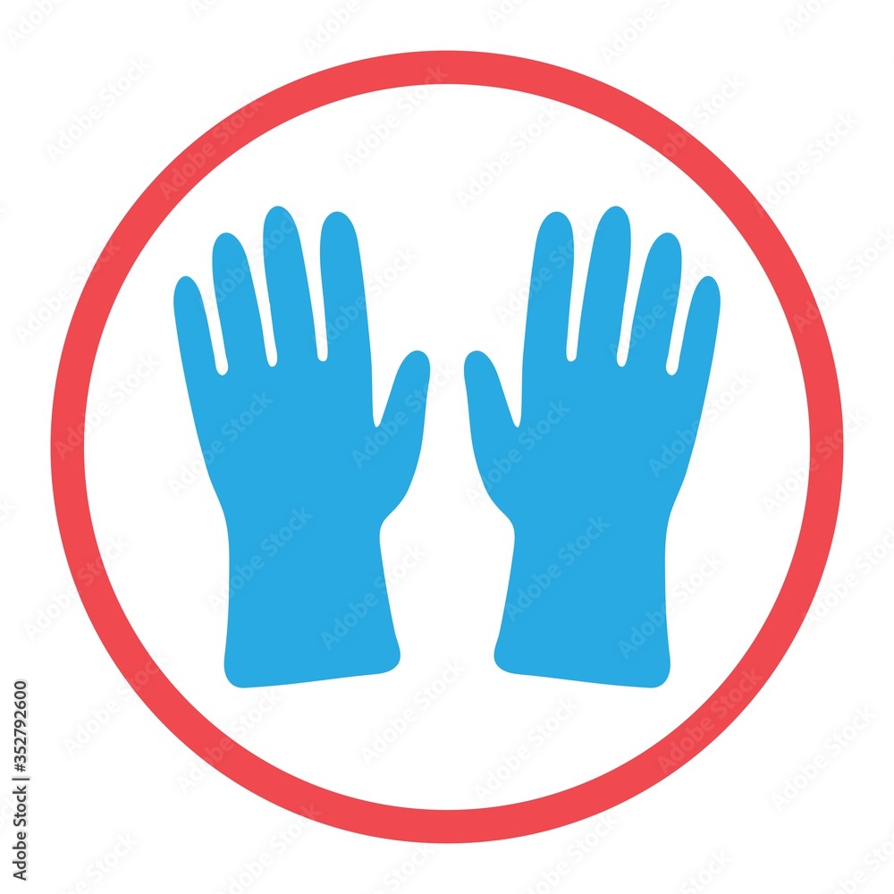 blue gloves with a round red sign. signboard, poster-entrance to the room strictly in protective equipment. blue gloves with a round red sign. signboard, poster-entrance to the room strictly in protective equipment.