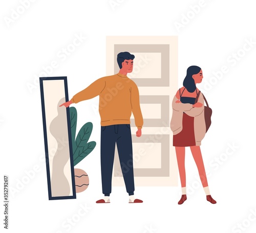 Annoyed father criticize apparel of teenage daughter vector flat illustration. Dad show at mirror to provocative dressed of girl isolated on white. Parent require change clothes before walk