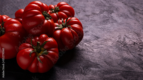 in the foreground, on a textured black background, some ripe and fresh tomatoes covered with drops of water. Copy space photo