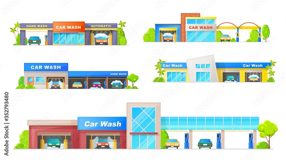 Car wash buildings isolated vector icons. Carwash stations with automatic and hand wash, service of cleaning transportation. Modern buildings with equipment for washing cars and foam