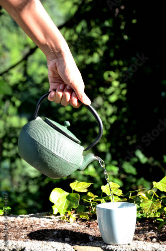 Woman serving tea with an ironcast teapot  photo