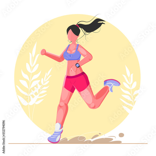 Running woman. Beautiful girl in excellent sport shape runs. Cartoon realistic illustration. Flat sportive people. Concept sports lifestyle, training. Fitness. illustration in flst style