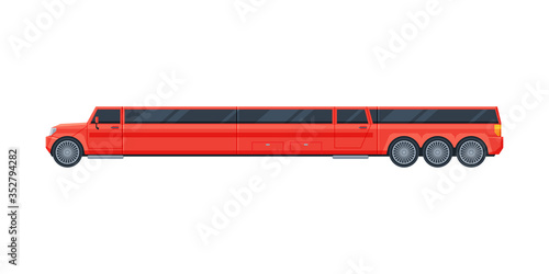 Red Limousine Car, Premium Luxurious Limo Vehicle, Side View Flat Vector Illustration