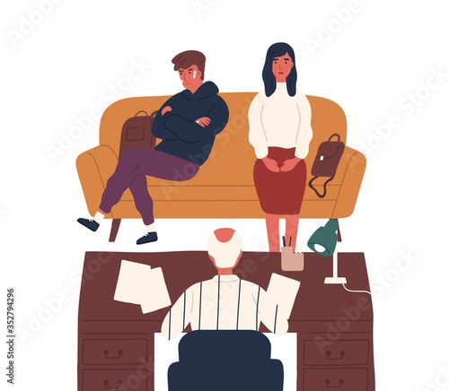 Frustrated mother and disobedience son meeting with director at office vector flat illustration. Mom and teacher discussing bad behavior and fighting of teen guy at school isolated on white