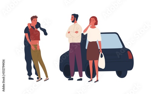 Shocked parents see teenage couple hugging vector flat illustration. Surprised mother and father look at romantic meeting of teen children isolated on white. Conflict of adult and adolescent
